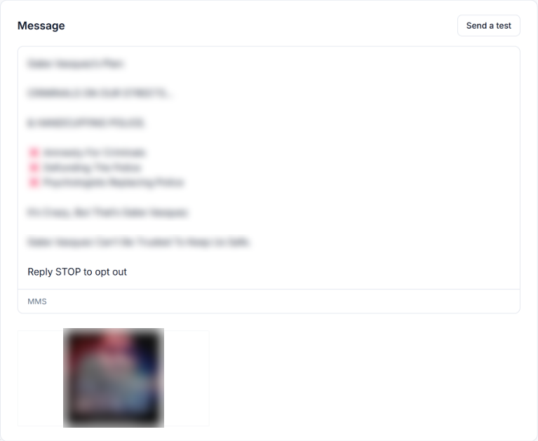 co/nnect message editor with SMS copy, MMS image and test send